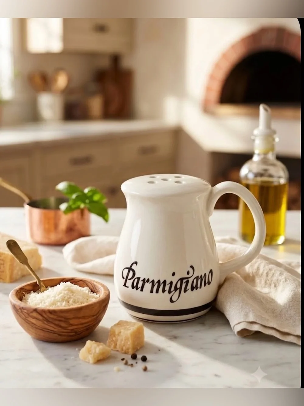 Vintage Ceramic Parmesan Cheese Shaker Dispenser Ivory with Brown Script Accent